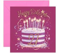 Carte d'anniversaire spéciale 27e anniversaire pour elle - Cartes de vœux d'anniversaire de vingt-sept ans - Œuvre d'art de gâteau rose fuchsia et or pour filles et femmes - Style féminin élégant et