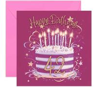 Carte d'anniversaire spéciale 42e anniversaire pour elle - Cartes de vœux d'anniversaire de quarante deux ans - Œuvre d'art de gâteau rose fuchsia et or pour filles et femmes - Style féminin élégant