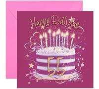 Carte d'anniversaire spéciale 55e anniversaire pour elle - Cartes de vœux d'anniversaire de 55 ans - Œuvre d'art de gâteau rose fuchsia et or pour filles et femmes - Style féminin élégant et