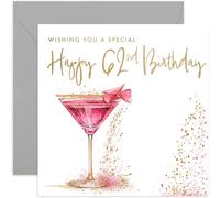 Carte d'anniversaire spéciale 62e anniversaire pour femme - Carte d'anniversaire de 62 ans - Fabuleux cocktail rose à paillettes dorées - Jolie carte scintillante pour sa meilleure sœur, cousine