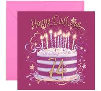 Carte d'anniversaire spéciale 74e anniversaire pour elle - Cartes de vœux d'anniversaire de 74 ans - Œuvre d'art de gâteau rose fuchsia et or pour filles et femmes - Style féminin élégant et