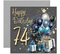 Carte d'anniversaire spéciale pour homme 74e anniversaire - Soixante-dix quatre ans - Cadeaux bleus et dorés et ballons pour homme - Cadeaux d'anniversaire élégants et traditionnels - Intérieur vierge