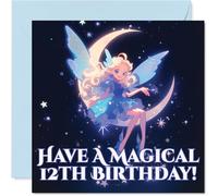 Carte d'anniversaire - Sprinkle Some Birthday Magic - Fée fantaisiste perchée sur un croissant de lune avec étoiles scintillantes - Carré de 145 mm, enveloppe incluse