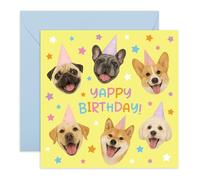Carte d'anniversaire sur le thème des chiens - « Yappy Birthday » chiens portant des chapeaux de fête - Salutations pour les amoureux des chiens, fils, fille, nièce, neveu, frère, sœur, enfants