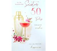 Carte d'anniversaire « To a Wonderful Sister 50 Today » - 50e anniversaire - Finition feuille d'or avec motif cocktail - 23 x 16 cm