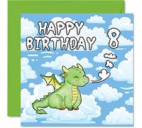 Carte d'anniversaire unisexe - Dragon mignon - Carte d'anniversaire de 8 ans, 145 mm pour fils, fille, frère, sœur, petit-fils, petite-fille, nièce, neveu, cousin