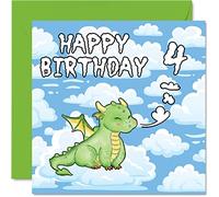 Carte d'anniversaire unisexe pour 4 ans - Motif dragon mignon - Carte d'anniversaire 4 ans - Carte de vœux pour fils, fille, frère, sœur, petit-fils, nièce, neveu, cousin - 145 mm x 145 mm