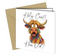 Carte d'anniversaire Vache sacrée - Motif vache des Highlands colorées - Carré de 15 cm - Intérieur vierge - Avec enveloppe kraft