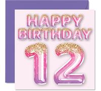 Carte de 12e anniversaire pour filles - Ballons à paillettes roses et violets - Cartes d'anniversaire pour fille de 12 ans fille sœur petite-fille cousine