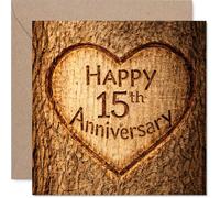 Carte de 15e anniversaire de mariage avec breloque rustique et romance en forme de cœur sculpté sur bois pour un 15ème anniversaire intemporel Une façon chaleureuse de marquer les années ensemble