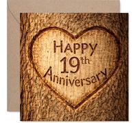 Carte de 19e anniversaire de mariage - Breloque rustique pour une étape spéciale - Motif cœur sculpté dans le bois avec tons marron chaud - Carré de 145 mm, enveloppe incluse