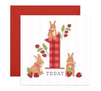 Carte de 1er anniversaire - Adorable lapin et fraise - Cadeaux pour enfants de 1 an pour enfants, tout-petits, garçons, filles, amoureux des animaux et des lapins, propriétaires d'animaux domestiques