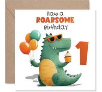 Carte de 1er anniversaire ludique - Bring on the Giggles - Dinosaure joyeux avec ballons et cupcakes - Une façon rugissante de marquer le tournant - Carré de 145 mm, enveloppe incluse