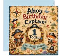 Carte de 1er anniversaire ludique - Ensemble voile pour aventure d'anniversaire - Motif animaux pirates et carte au trésor - Amusant pour leur grand jour - Carré de 145 mm, enveloppe incluse