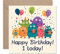 Carte de 1er anniversaire ludique - Les monstres et les ballons apportent du plaisir à un anniversaire - Créatures colorées célébrant avec des cadeaux - Carrée de 145 mm, enveloppe incluse