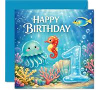 Carte de 1er anniversaire ludique - Make a Splash on Their Big Day - Scène sous-marine joyeuse avec créatures marines et audacieux « 1 » - Carré de 145 mm, enveloppe incluse