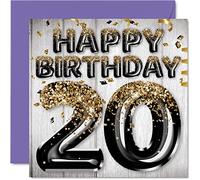 Carte de 20e anniversaire pour homme - Ballons noirs et dorés à paillettes - Cartes d'anniversaire pour homme de 20 ans, fils, frère, oncle, cousin, 145 mm x 145 mm, cartes de vœux pour vingt ans