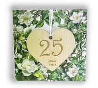 Carte de 25e anniversaire de mariage - Carte d'anniversaire de mariage en argent de qualité supérieure avec cœur en bois souvenir pour mari, épouse, couple, cadeau pour célébrer une étape importante