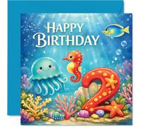 Carte de 2e anniversaire ludique - Grand anniversaire - Scène de fête sous-marine colorée avec créatures marines joyeuses - Carré de 145 mm, enveloppe incluse