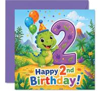 Carte de 2e anniversaire ludique - Roaring into Two - Fête de dinosaures colorés avec ballons, confettis et jungle - Carré de 145 mm, enveloppe incluse