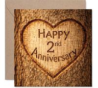 Carte de 2ème anniversaire de mariage - Style romantique rustique - Cœur sculpté dans un design en bois avec tons marron chaud - Carré de 145 mm - Enveloppe incluse