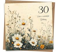 Carte de 30e anniversaire florale pour femme | Beau motif marguerite et enveloppe kraft rustique