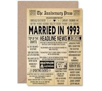 Carte de 32e anniversaire de mariage pour homme et femme - Journal vintage marié en 1993 - Carte d'anniversaire de mariage pour partenaire, épouse, compagnon, mari, cartes de vœux d'anniversaire A5