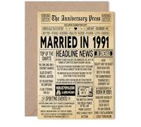 Carte de 34e anniversaire de mariage pour homme et femme - Journal vintage marié en 1991 - Carte d'anniversaire de mariage pour femme, partenaire, mari, compagnon, 12,7 x 17,8 cm