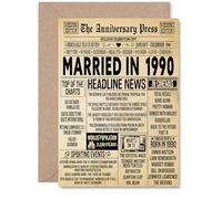 Carte de 35e anniversaire de mariage pour homme et femme - Journal vintage marié en 1990 - Carte d'anniversaire de mariage pour femme, compagnon, mari, partenaire, cartes de vœux d'anniversaire A5