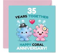 Carte de 35e anniversaire ludique - Célébrez 35 ans de rires - Personnages de corail mignons dans une touche de bleu et de rose - Carré de 145 mm, enveloppe incluse