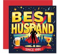 Carte de 35e anniversaire ludique - Superhero Vibes for the Best Husband - Célébration dorée audacieuse, rouge et bleue - Sure to Brighten His Special Day - Carré de 145 mm, enveloppe incluse