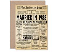 Carte de 37e anniversaire de mariage pour homme et femme - Journal vintage marié en 1988 - Carte d'anniversaire de mariage pour mari, partenaire, épouse, compagnon, cartes de vœux d'anniversaire A5