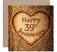 Carte de 39e anniversaire de mariage - Charme rustique avec un cœur sculpté - Motif effet bois pour un 39e anniversaire chaleureux - Carré de 145 mm, enveloppe incluse