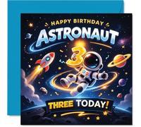 Carte de 3e anniversaire ludique - Blast off into Birthday Fun - Joyeux astronaute dans une scène spatiale vibrante - Parfait pour les petits aventuriers qui tournent trois - Carré de 145 mm