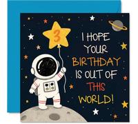 Carte de 3e anniversaire ludique - Blast off to Birthday Fun - Astronaute flottant sur la lune avec un ballon étoile marqué « 3 » - Carré de 145 mm, enveloppe incluse