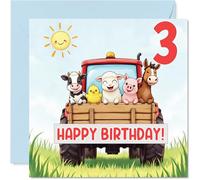 Carte de 3e anniversaire ludique - Bursting with Birthday Cheer - Dessin animé animaux de la ferme faisant la fête sur un tracteur rouge vif - Carré de 145 mm, enveloppe incluse