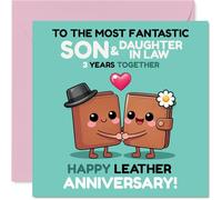 Carte de 3e anniversaire ludique pour fils et belle-fille - Trois Cheers for Leather Love - Portefeuille de dessin animé pour célébrer 3 ans ensemble - Carré de 145 mm, enveloppe incluse