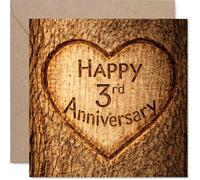 Carte de 3ème anniversaire de mariage avec cœur sculpté sur bois rustique - Souhaits d'anniversaire chaleureux avec une charmante touche naturelle - Carré de 145 mm, enveloppe incluse