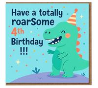 Carte de 4e anniversaire dinosaure rugissant pour enfants - Joli T-Rex vert avec chapeau de fête et confettis - Jeu de mots amusant pour un enfant de quatre ans