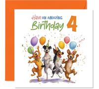 Carte de 4e anniversaire ludique - Explosion de joie d'anniversaire - Quatre chiens animés et des ballons colorés célèbrent avec style - Carré de 145 mm, enveloppe incluse
