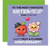 Carte de 4e anniversaire ludique pour belle-sœur et beau-frère - Débordant de plaisir fruité - Adorables personnages de fruits et de fleurs pop avec des couleurs vives - Carré de 145 mm, enveloppe