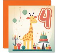 Carte de 4e anniversaire pour garçons et filles - Girafe safari - Carte d'anniversaire de 4 ans pour garçon et fille, cartes de quatrième anniversaire pour lui, elle, 145 mm x 145 mm pour nièce,