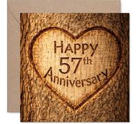 Carte de 57e anniversaire de mariage avec cœur sculpté sur bois rustique Motif charmant tronc d'arbre pour un 57e anniversaire de mariage Carré 145 mm Enveloppe incluse