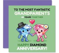 Carte de 60e anniversaire pour grands-parents - Duo de diamants étincelants célèbre 60 ans - Design coloré et joyeux avec personnages mignons - Carré de 145 mm, enveloppe incluse