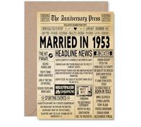 Carte de 72e anniversaire de mariage pour homme et femme - Journal vintage marié en 1953 - Carte d'anniversaire de mariage pour partenaire, épouse, compagnon, mari, A5