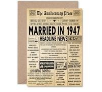 Carte de 78e anniversaire de mariage pour homme et femme - Journal vintage marié en 1947 - Carte d'anniversaire de mariage pour compagnon, mari, partenaire, épouse, cartes de vœux d'anniversaire A5