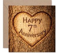 Carte de 7e anniversaire de mariage - Breloque rustique pour votre 7ème anniversaire - Motif cœur en bois sculpté pour un anniversaire chaleureux - Carré de 145 mm, enveloppe incluse