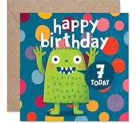 Carte de 7e anniversaire ludique - Grand monstre amusant pour tourner sept - Monstre vert coloré avec des vibrations de fête à pois - Débordant de joie d'anniversaire - Carré de 145 mm, enveloppe