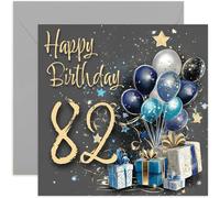 Carte de 82e anniversaire pour homme - Quatre-vingts deux ans - Cadeaux bleus et dorés et ballons pour homme - Cadeaux d'anniversaire élégants et traditionnels - Intérieur vierge avec enveloppe