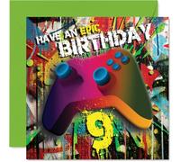 Carte de 9e anniversaire ludique - Améliorez leur grand jour - Design de manette de jeu aux couleurs vives - Parfait pour les anniversaires amateurs de jeux - Carré de 145 mm, enveloppe incluse